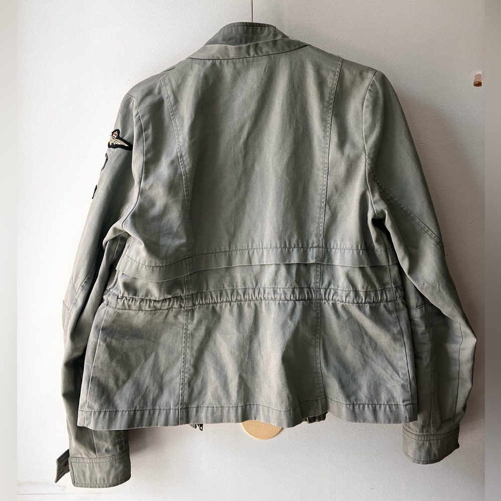 Army green fall jacket with cinch ties around waist - Picture 2 of 5